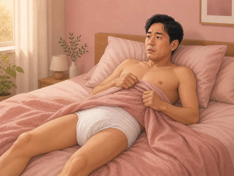 中年男子面對入珠緊張的在床上等待