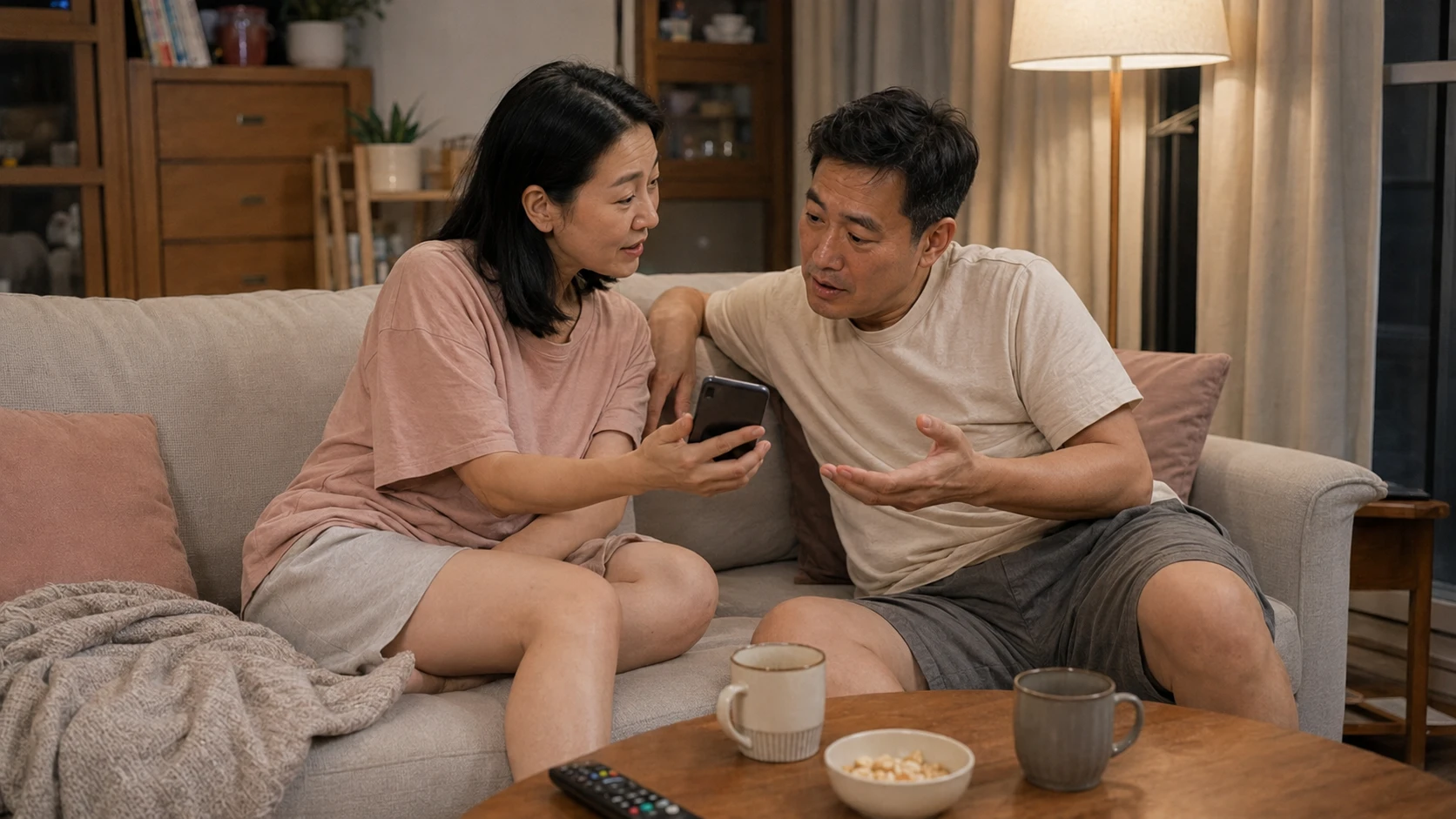 接近40歲的夫妻穿著居家服坐在沙發上，妻子拿手機給丈夫看並討論入珠