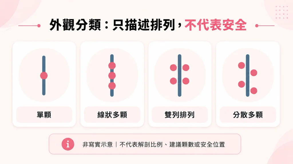 入珠種類單顆、線狀多顆、雙列與分散多顆的非寫實排列示意