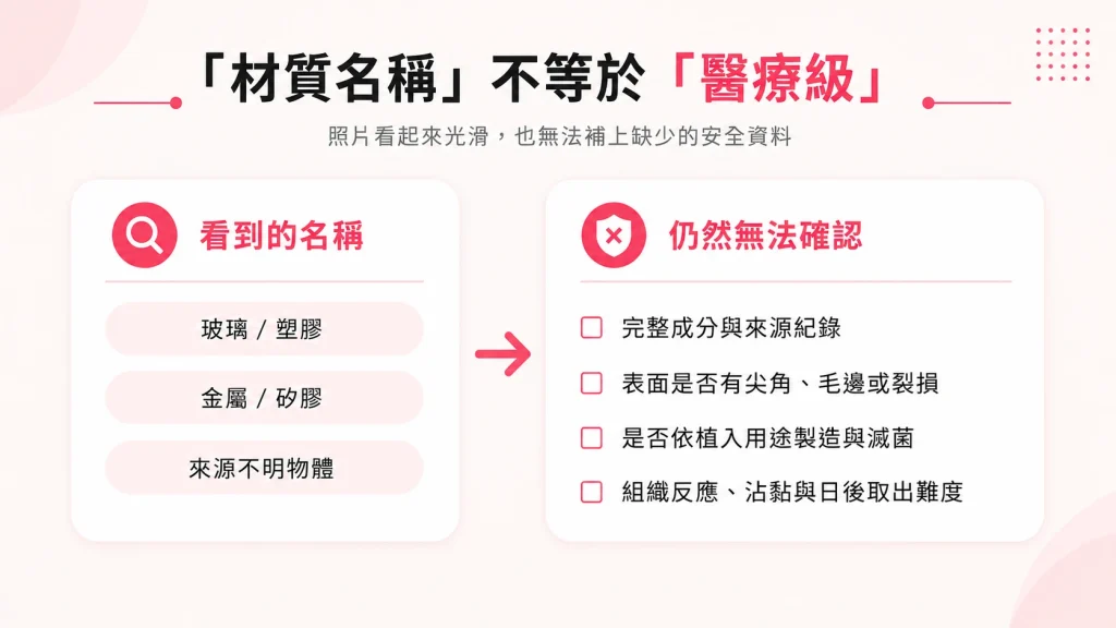 入珠材質名稱無法證明成分、表面、滅菌與組織安全。